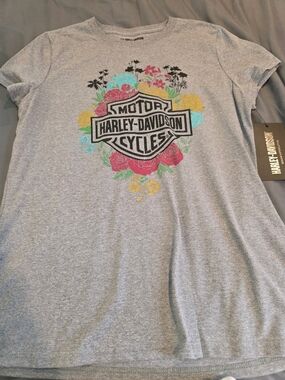 Harley-Davidson Gray Tee with Multicolor Floral Shield